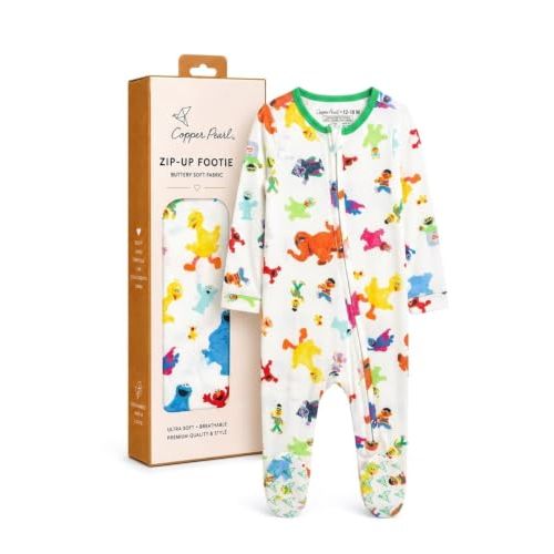 Copper Pearl Zip-Up Footie Baby Pajamas – Soft Newborn Onesies for Boys & Girls, Tag-Free with Two-Way Zipper Baby Sleepers for Newborn - 24 Months, Sesame Friends
