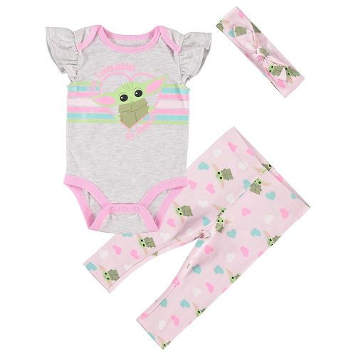 STAR WARS Baby Girls Baby Yoda One Piece Bodysuit Jogging Pants and Matching Headband 3 Piece Set