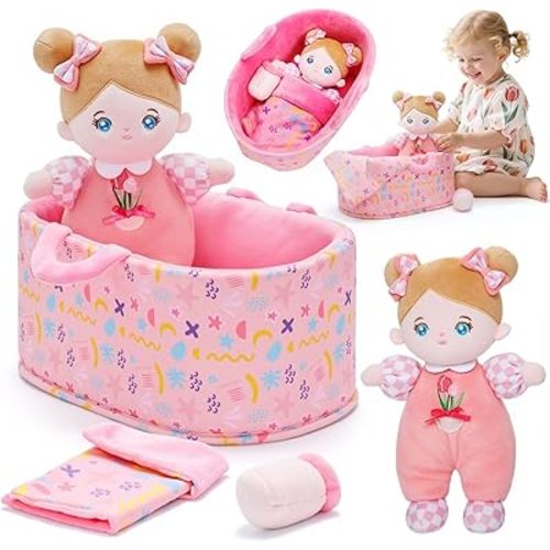 OUOZZZ 10" Soft Baby Doll Set with Plush Doll, Bassinet, Blanket and Bottle, Baby Doll Accessories Pretend Playset Emotional Social Doll for 2 Year Olds Girls Christmas Birthday Gift
