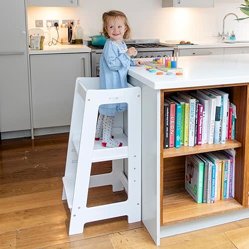Stepup Baby Toddler Tower with Adjustable Step, White Montessori-Inspired Toddler Step Stool Helper, Standing Tower with Safety Rails, Fits Under Kitchen Counters, Adjustable for 18 Month - 5 Years