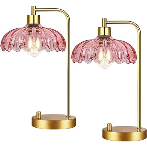 Pink Table Lamp Set of 2,Small Gold Bedside Lamps Dimmable Boho Bedroom Lamp with Tulip Flower Glass Lamp Shade,Vintage Mid Century Modern Mini Nightstand Lamp for Bedroom Living Room