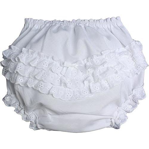Baby Girls White Elastic Bloomer Diaper Cover with Embroidered Eyelet Edging - SM