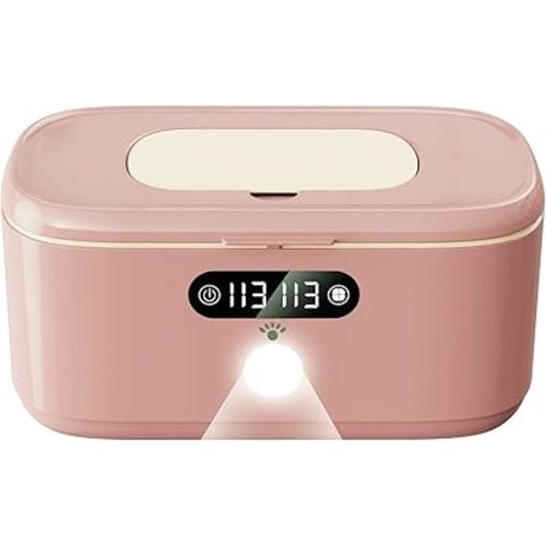 Wipe Wamer for Vehicle and Home Use, Baby Wet Wipes Dispenser and Diaper Wipe Warmer with Night Light,Temperature Display,No Need Water and Sponge, ℉ and ℃ Convertible (Pink, 110-240V)