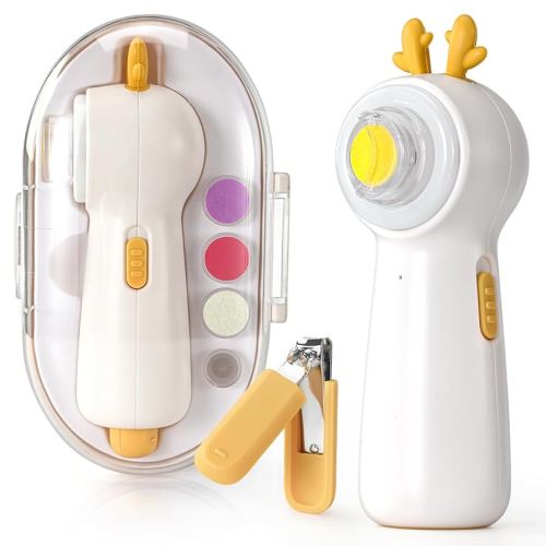 Baby Nail File Electric with Clipper, 5-in-1 Baby Nail Trimmer with LED Light, Rechargeable Nail Clippers for Infant Toddler Kid Adult, Low Noise, Simple Operation, Yellow Deer