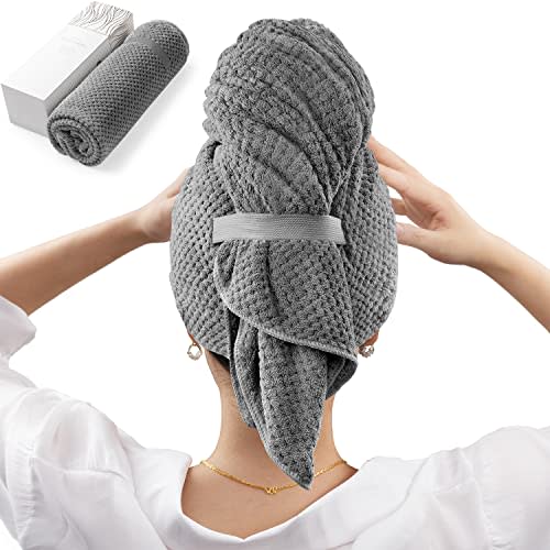 Large Microfiber Hair Towel Wrap for Women, Anti Frizz Drying Towel with Elastic Strap, Fast Drying Turbans for Wet, Long, Thick, Curly Hair, Super Soft Wrap Dark Gray