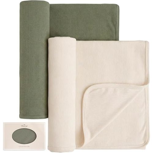 Konssy Ribbed Knit Baby Blankets 2 Pack, Stretchy Lightweight Swaddle Blanket for Boys & Girls, Soft Cozy Receiving Wrap for Newborns, Infants, & Toddlers, 33x42 Inch