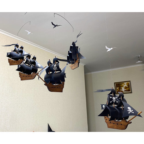 Pirate flotilla, Ocean Baby Mobile, 5 Wooden Pirate Sailboats, Decor for kids room.