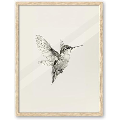 EcoHest Hummingbird Sketch Framed Wall Art, 12x16 in OAK Wood Vintage Bird Nursery Canvas Wall Art, Minimalist Bedroom Decor, Set of 1 For Living Room Bathroom
