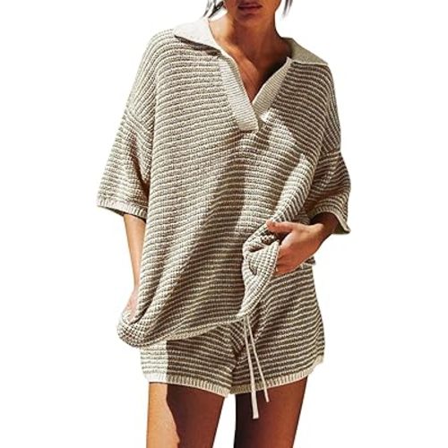Tankaneo Womens Sweater Set 2 Piece Outfits Oversized 3/4 Sleeve V Neck Knit Tops High Waisted Shorts Lounge Sets