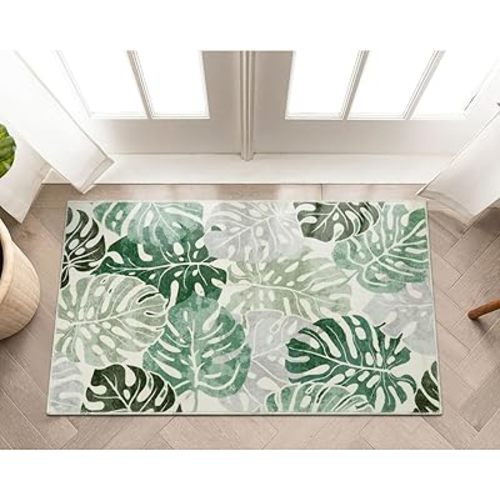 Wonnitar Tropical 2x3 Small Bathroom Rug, Washable Green Leaf Bath Mat, Non-Slip Cute Monstera Kitchen Sink Throw Rug, Low Pile Non-Shedding Floor Carpet for Bedside Dorm Doormat Decor