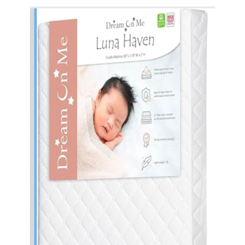 Dream On Me Luna Haven 2" Cradle Mattress, Waterproof Cover, Fiber Core, Greenguard Gold Certified, Proudly Made in USA