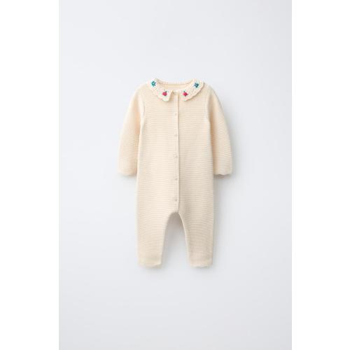 CROCHET COLLAR EMBROIDERED FLORAL JUMPSUIT - Ecru | ZARA United States
