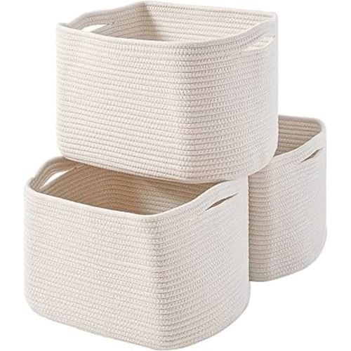Storage Baskets for Organizing Shelves, Woven Cotton Rope Bins for Baby Nursery Organization, Book Toy Towel Organizer, 15"x11"x9.5", 3 Packs, Off White
