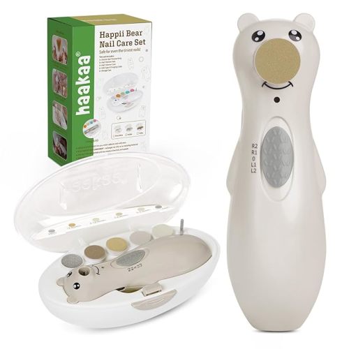 haakaa Rechargeable Baby Nail Trimmer with LED Light, Rechargeable Baby Nail File for Toddler/Newborn/Adults Toes and Fingernails, Additional Replacement Heads & Charging Cable, Compact Case, Pebble