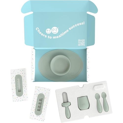 ezpz Kit 2: Learn to Eat and Drink (Sage) - Tools to Help Your Baby Practice Chewing, Sipping, and Self-Feeding - Start Solids + Baby-Led Weaning Safely - Shower Essentials & Gifts