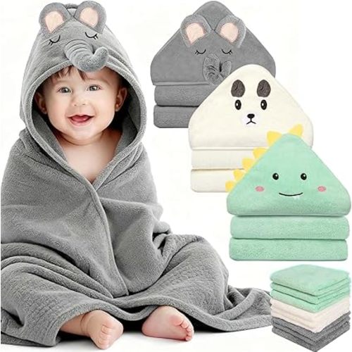 12 Pcs Baby Towels and Washcloths Set, Hooded Baby Towel, Soft and Absorbent Baby Bath Towels, 3 PCS Cute 32x32 in Baby Towel with Hood and 9 Pcs Baby Washcloths for Boys and Girls
