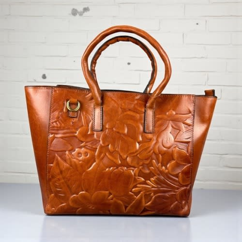 Patricia Nash Tote Bag Leather Floral Embossed Cognac Shoulder Handbag