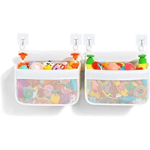 Multi-Use Bathtub Toy Storage - Breathable Mesh Bath Toy Holder for Bathtub, Wall & Corner - Quick-Dry White Organizer for Baby Bath Toys & Bath Supplies