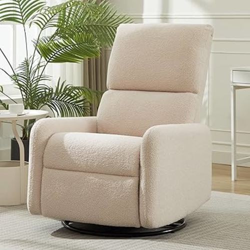 360° Swivel Glider Chair, Rocking Chair Nursery with Side Pockets, Deep Cushioned Seat, Nursery Chair with Steel Structure Base, Sherpa Swivel Chairs for Living Room, Bedroom, Khaki