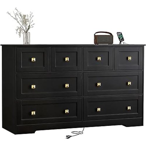 8 Drawer Dresser for Bedroom with Power Outlets Wide Chest of Drawers with Smooth Guide Rail Modern Wooden Dressers with Metal Handle Large Dresser Bedroom Living Room Hallway Closet Black