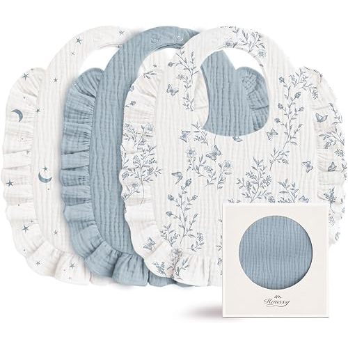 Konssy 3-Pack Muslin Baby Girl Bibs, 100% Cotton with Ruffle Trim