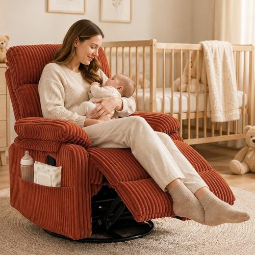 Beige Rocking Chair Nursery Recliners, Small Recliner Rocking Chair for Small Spaces, Manual Swivel Glider Recliner for Living Room Bedroom Office, Corduroy，Adjustable Backrest & Footrest (Beige)