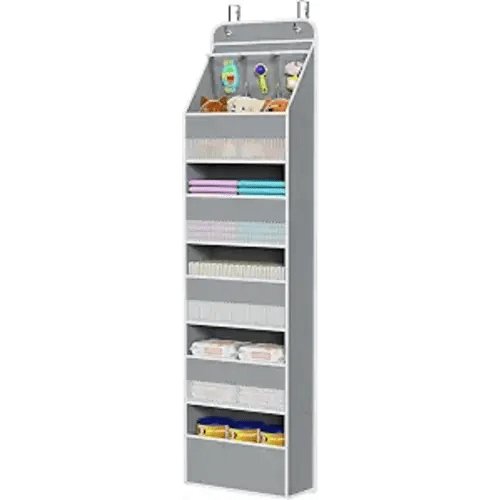 Univivi Fabric Over Door Hanging Organizer for Baby Nursery, Grey, 6-Shelf | Door Storage with Large Capacity Breathable Mesh Pockets, Over the Door Organizer for Baby Essential, Bedroom and Dorm