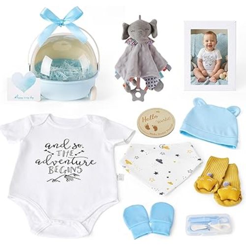 Baby Shower Gifts for Boys 12-in-1 Baby Boy Gift Set for Newborn, Premium Gender Reveal Gifts for New Parents, with Elephant Lovey, 100% Cotton Onesie, Photo Frame & Carriage Storage Case