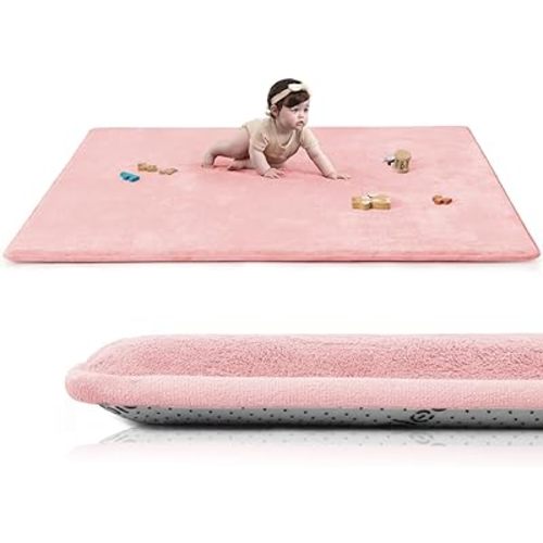 Baby Play Mat for Floor,1.3" Thick Elasti-Foam 50"×74" Playpen Mat for Tummy Time,Water Repellent Soft Coral Velvet for Toddler,Infant,Kids,Non-Slip Backing Safe for Crawling(Pink)