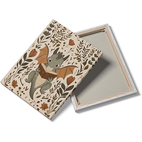 Vintage Fairy Castle Print,Adorable Reading Dragon Painting,Folk Art,Whimsical Nursery Decor,Rustic Cottage core Fantasy Illustration 16x24inch Framed Art