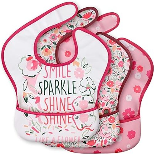 3-Pack Waterproof Baby Bibs for Eating - Mess Proof Lightweight Toddler Feeding Bibs with Large Food Catcher, Food-Grade Baby Eating Essentials, Easy to Put On & Clean(Pink Floral)