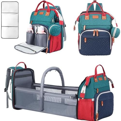 Diaper Bag Backpack, Baby Diaper Bag, Multifunctional Large Capacity, with Diaper Changing Station, Travel Diaper Bag Backpack (Blue-Green)