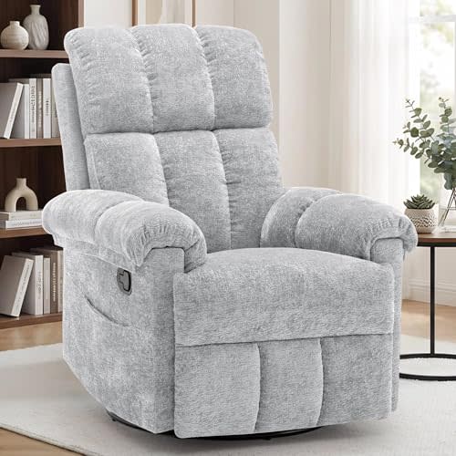 Recliner Chair, Swivel Rocker Recliner Chair for Adults, Small Recliners for Small Spaces, Manual Recliner Chair with Side Pockets, Nursery Rocking Chair for Living Room, Chenille, Silver Grey