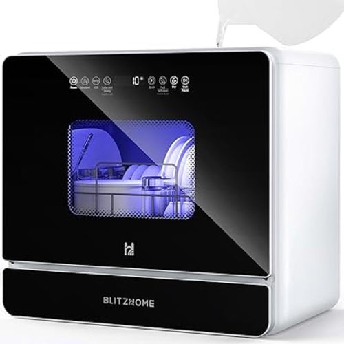 BLITZHOME Countertop Portable Mini Dishwasher, 9 Programs,167℉ High-Temp, Hot Air Drying, Air Refresh, 360° 3 Spray, 24H Timing, LED Light, 5.2L Built-in Water Tank for Apartments RVs