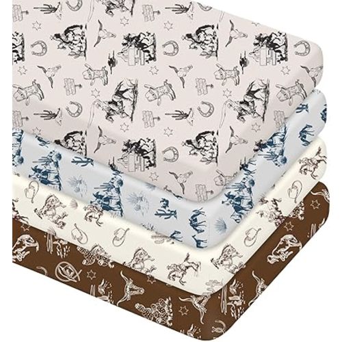4 Pcs Vintage Western Cowboy Crib Sheet Set Newborn Bedding Nursery Baby Sheets for Girl Boys Baby Gifts for Standard Crib and Toddler Mattresses, 52 x 28 x 8 Inches