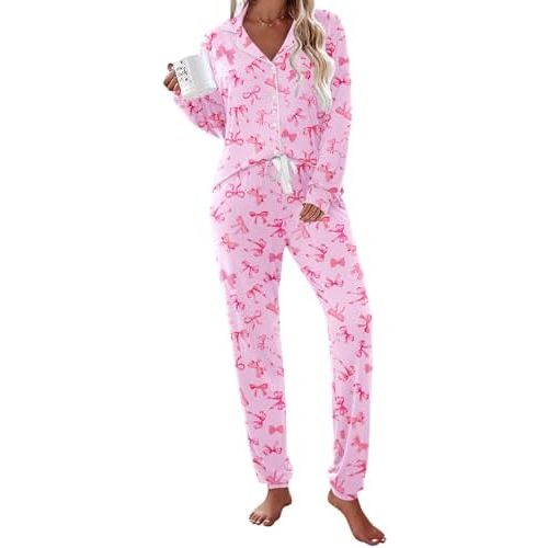Ekouaer Pajamas Set Long Sleeve Sleepwear Womens Button Down Nightwear Soft Pj Loungewear with Pockets
