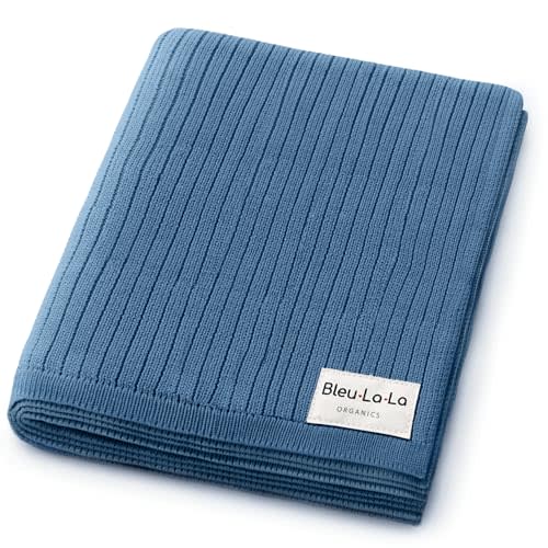Bleu La La Organic Ribbed Swaddle Blanket for Boys & Girls - 100% Luxury Organic Soft Cotton Knit Warm Cozy Cuddle Stroller Blanket for Newborns, Infants, & Toddlers (Denim Blue)