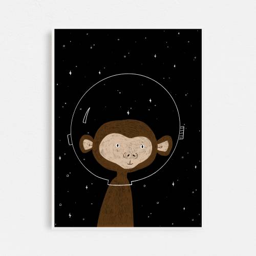 Monkey Astronaut in Space Art Print | Space Animals Nursery Art Print | Quirky Astronaut Decor | Space Art Children's Illustration