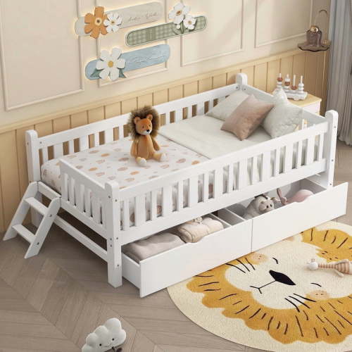 Bellemave Twin Size Bed with Guardrail and Storage, Wood Platform Bed Frame with 2 Drawers, Twin Daybed Frame with Fence for Bedroom,Guest Room (White)