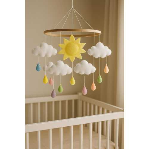 Cheerful Sun & Rain Cloud Crib Mobile: Musical Nursery Decor