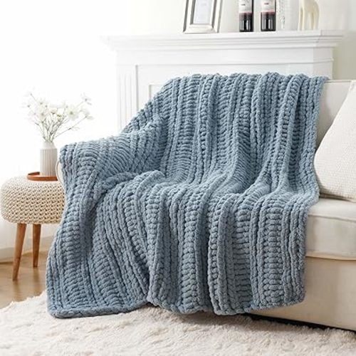 Battilo Bluish Grey Chenille Throw Blanket, Chunky Knit Throw Blanket for Couch, Soft Cozy Warm Cable Knit Blankets for Bed, Sofa, Living Room, 50"x60"