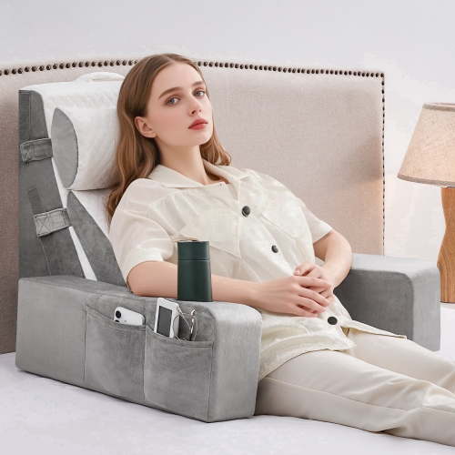 Reading Pillow for Sitting in Bed Adult, Back Pillow for Bed Sitting up with Arms, Pockets and Cup holder, Sit Up Backrest Pillows for Beds Chair Support, Rest Pillow for Gaming (Light gray, 5PCS)