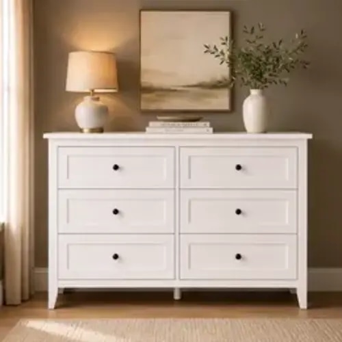 VOWNER 6 Drawer Dresser for Bedroom with Metal Knobs, Mid-Century Dresser Wood Chest Organizer with Wide Storage, for Bedroom, Living Room, White - TikTok Shop
