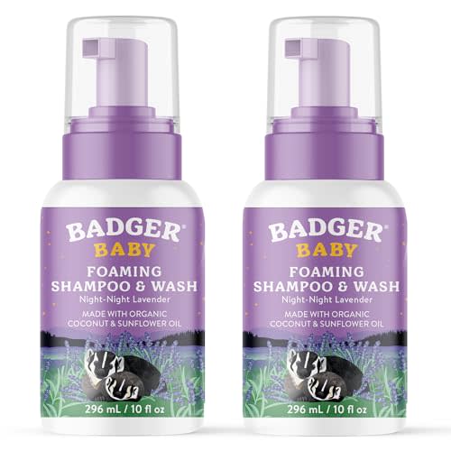 Badger Foaming Baby Shampoo and Body Wash, Gentle Organic Baby Wash w/Mild Calming Scent of Lavender, Long Lasting Foam & Easy to Use Sustainable Bottle, 10 fl oz, 2-Pack