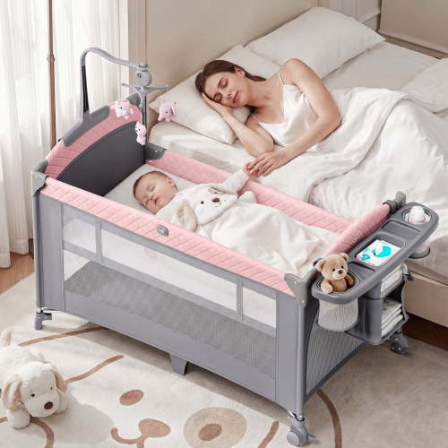 Baby Gourmet 5 in 1 Baby Bassinet and Playpen, Bedside Crib, Portable Travel Nursery, Pink