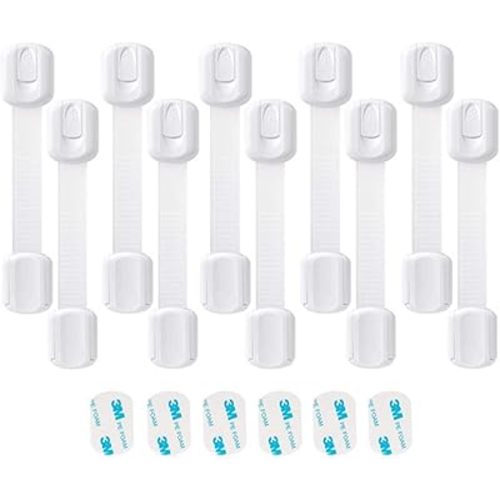 KAPOO Child Safety Locks for Cabinet, 10 Pack Baby Proofing Locks for Cabinets, Cupboards, Drawer, Fridge, Toilet and Closet with Free Extra 3M Adhesive, Adjustable Strap, No Drilling(10 Pack)