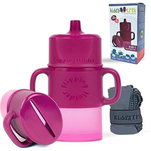 4-in-1 Flipping Holder Travel - Sip & Snack Set - Food Pouch Holder, Juice Box Holder, Snack Cup, and Sippy for Babies, Toddlers, Kids (Pink)