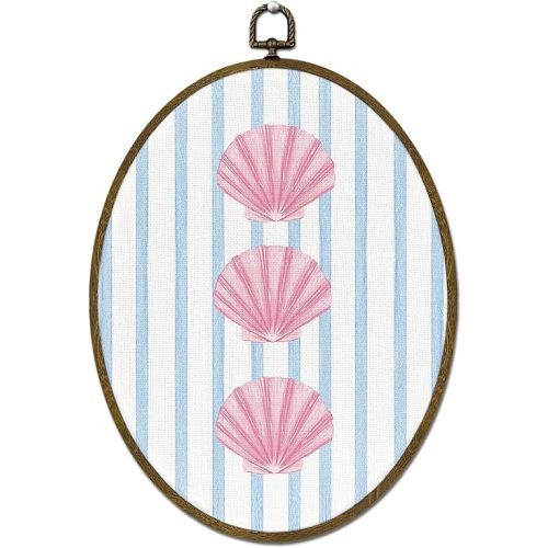 LLOKARNORA Coastal Preppy Seashell Oval Canvas Wall Art, Pink Blue Beach Seashell Framed Wall Art Decor, Coquette Ocean Striped Prints Hanging Decor for Girls Nursery Bedroom Bathroom, 8.7x11.3 Inch