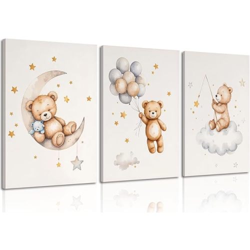 3 Pcs Framed Teddy Bear Nursery Canvas Wall Art Bear Sleeping on The Moon and Stars Wall Decor Pictures Balloon Cloud Neutral Poster Prints for Kids Baby Room Kindergarten Home Decoration 12x16in