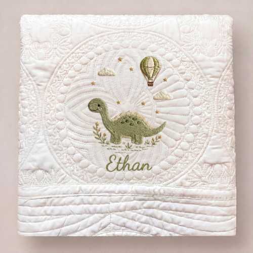 Custom Embroidered Baby Blanket, Personalized Dinosaur Quilt for Boy, White Heirloom Nursery Blanket with Hot Air Balloon, New Baby Gift